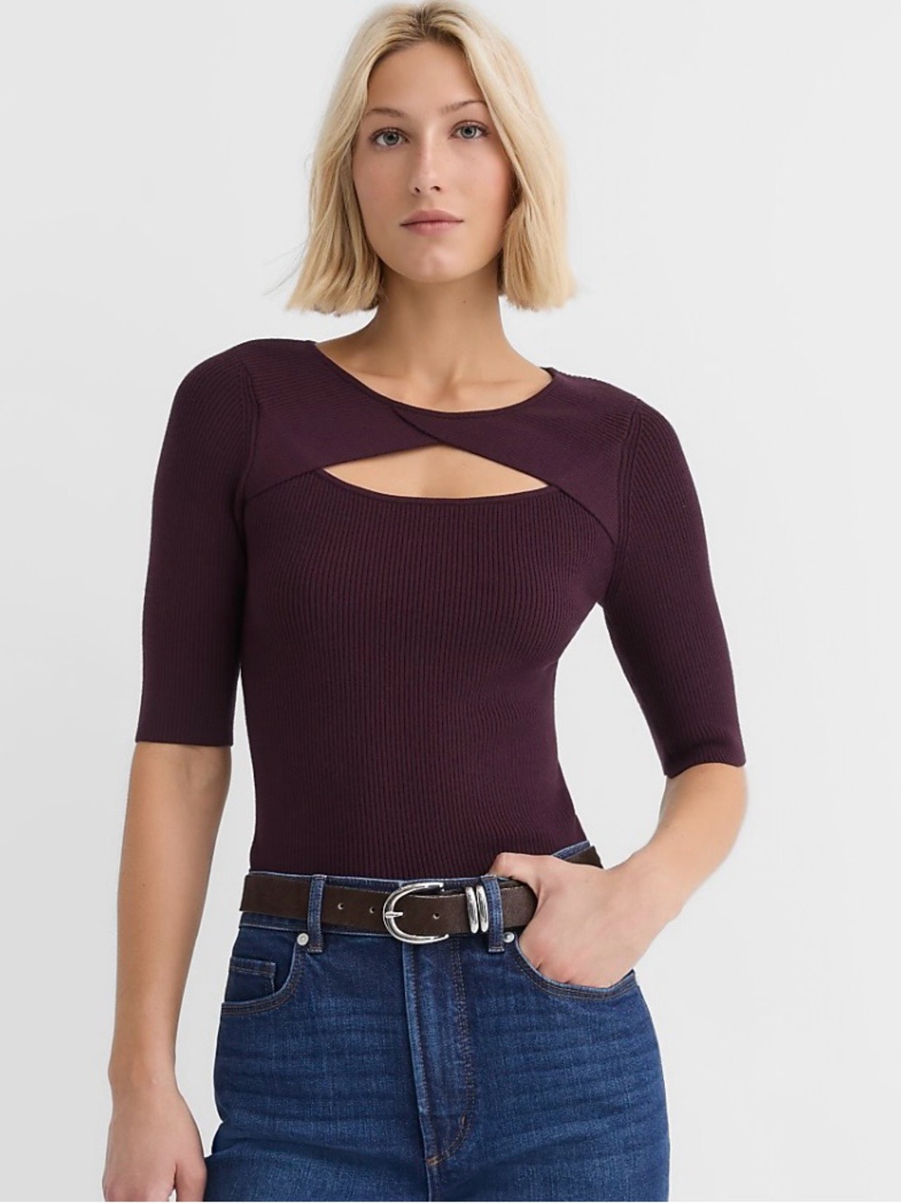 LOFT Plum Ribbed Elbow Length Sleeve Cutout Knit Top